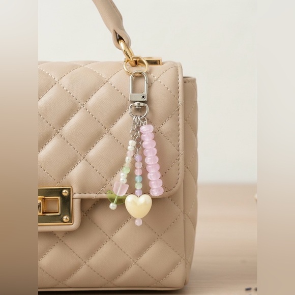 Handmade Accessories - Pink Ivory Heart & Tulip Handmade Beaded Bag Charm Keychain